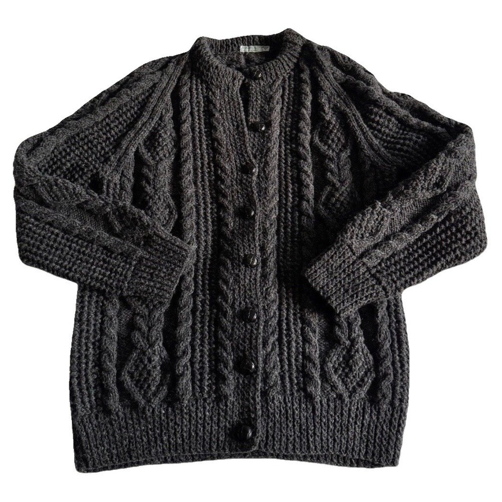 VTG Arans by Ethna Irish Merino Wool Cable Knit Fisherman Chunky Cardigan Gray M